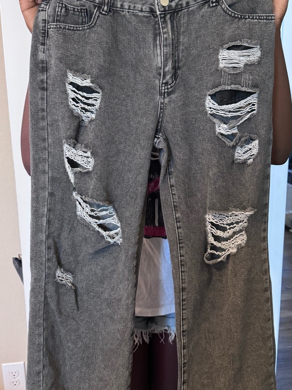 Distressed Charcoal Gray Denim Jeans with Shredded Detail